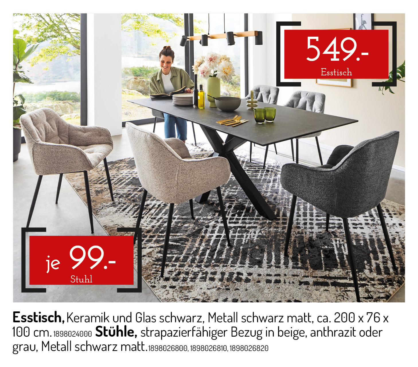 Schöner Esstisch in Keramik und Glas schwarz in 200 x 76 x 100 cm mit tollen Stühlen in verschiedenen Farben!