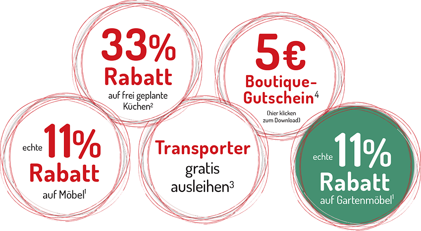 Echte 11% Rabatt auf Möbel, 33% Rabatt auf frei geplante Küchen, 5 € Boutique-Gutschein, Transporter gratis ausleihen plus 11% Rabatt auf Gartenmöbel!